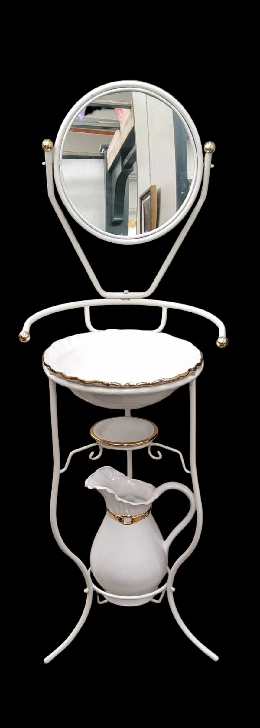 Lavabo Struttura Ferro Con Specchio + Brocca Acqua E Bacinella Ceramica
