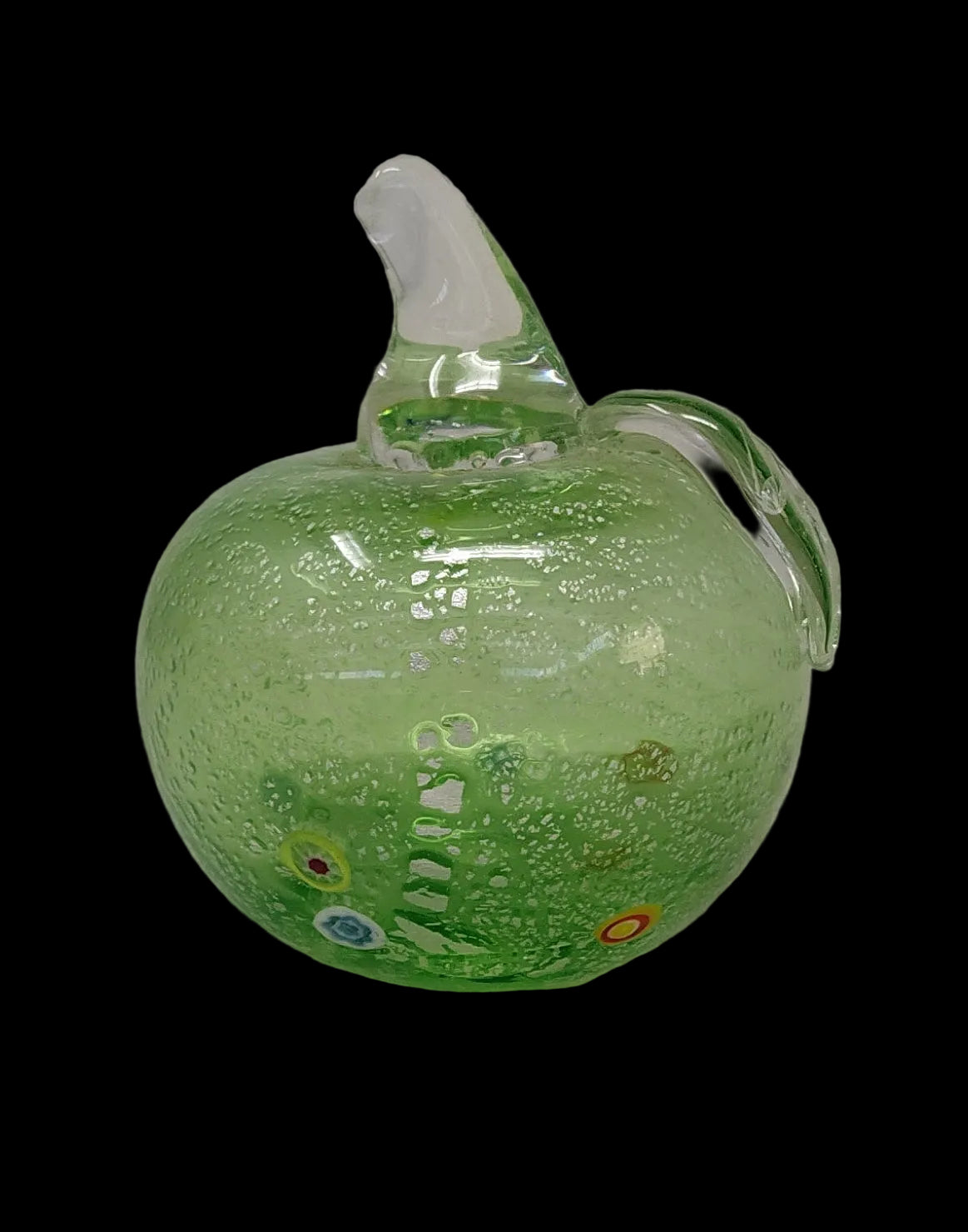 Fermacarte Vetro Murano Mela Verde Macchie Argento H 8cm