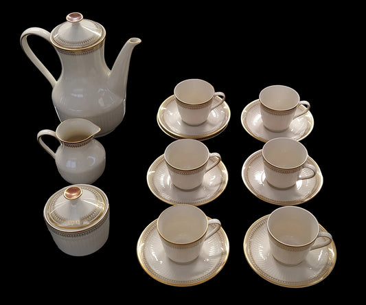Servizio Caffè Ceramica Bordo Oro 6 Tazzine + 7 Piattini + Teiera + Brocca Latte + Zuccheriera