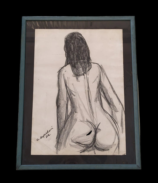 Quadro Renzo Capredoni '72 Cornice Legno Grigia 64x84 Carboncino Nudo Di Donna Di Spalle