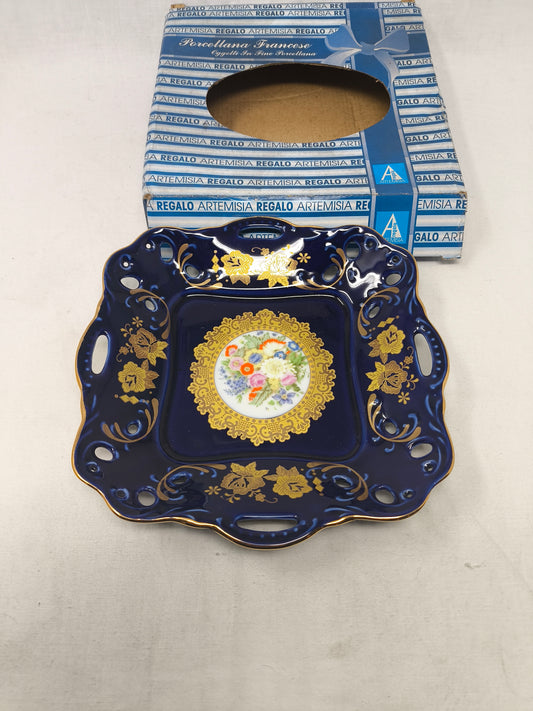 Artemisia Svuotatasche Ceramica Blu Effigi Fiori Quadrato 20cm Con Scatola