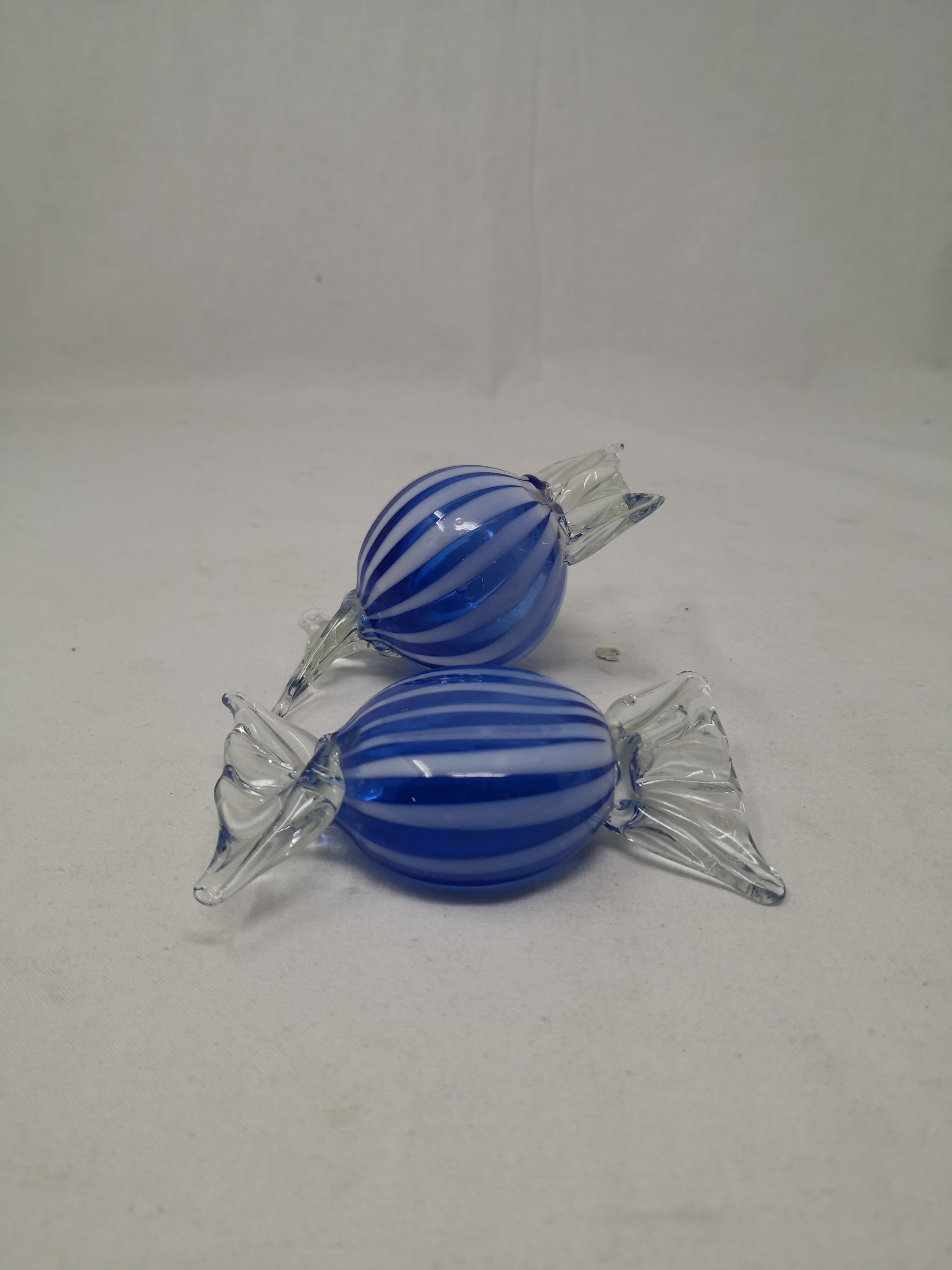 _coppia Caramella Vetro Murano Tonda/appiattita Strisce Blu Grandi