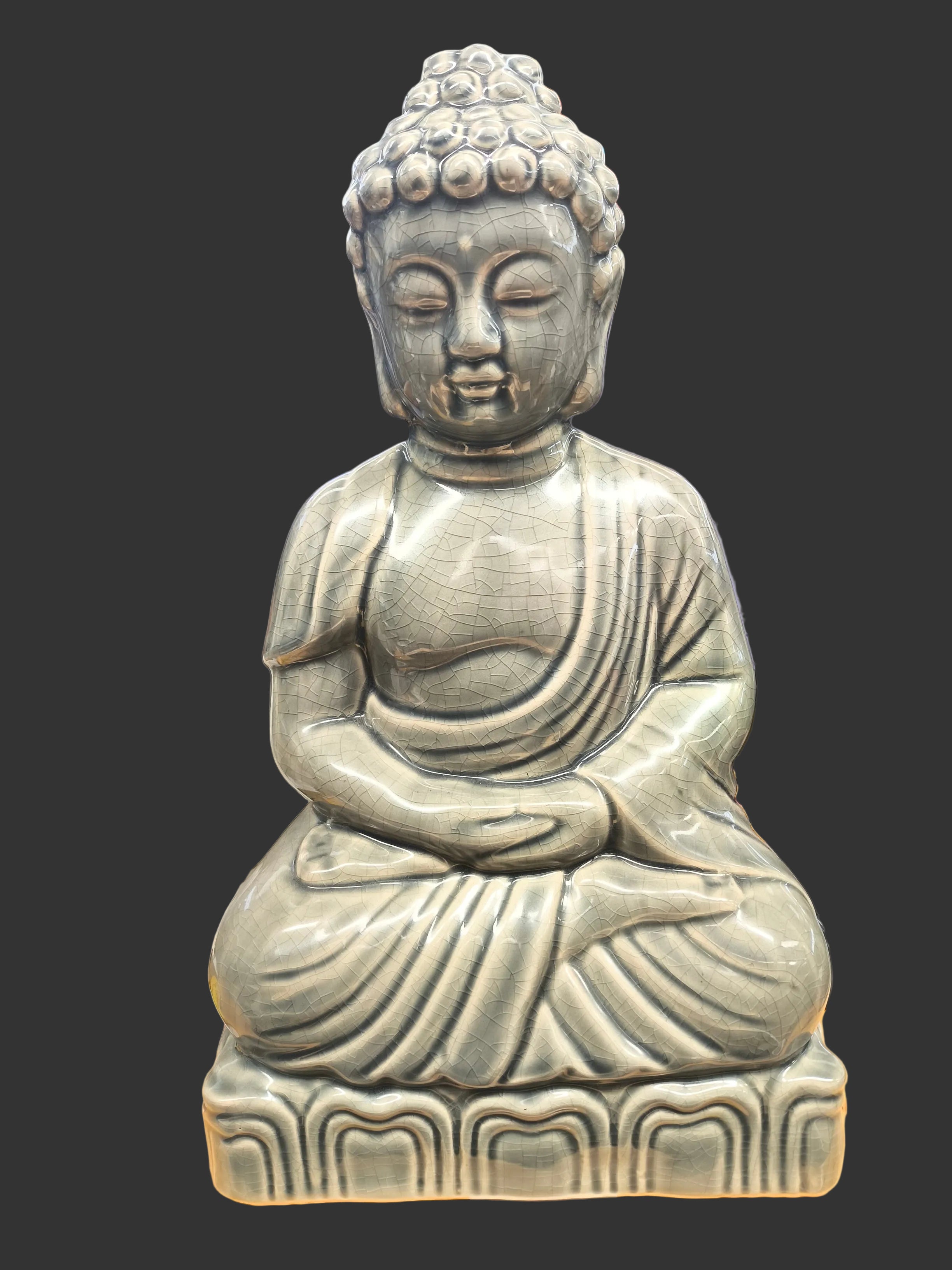 Scultura Ceramica Smaltata Grigia Buddha H. 44cm