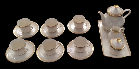Servizio The Ceramica Bordo Oro 6 Tazzine Con Piattini + Teiera + Brocca Latte + Zuccheriera + Vassoio