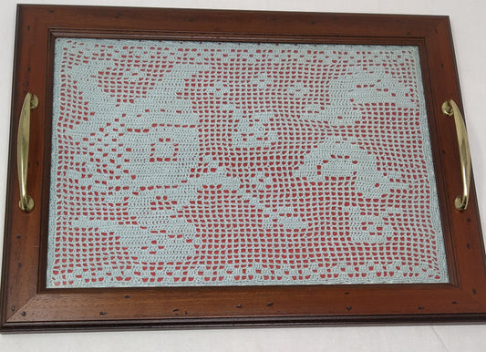 Vassoio Arte Povera Con Manici E Vetro Con Tappetino Uncinetto 41x31