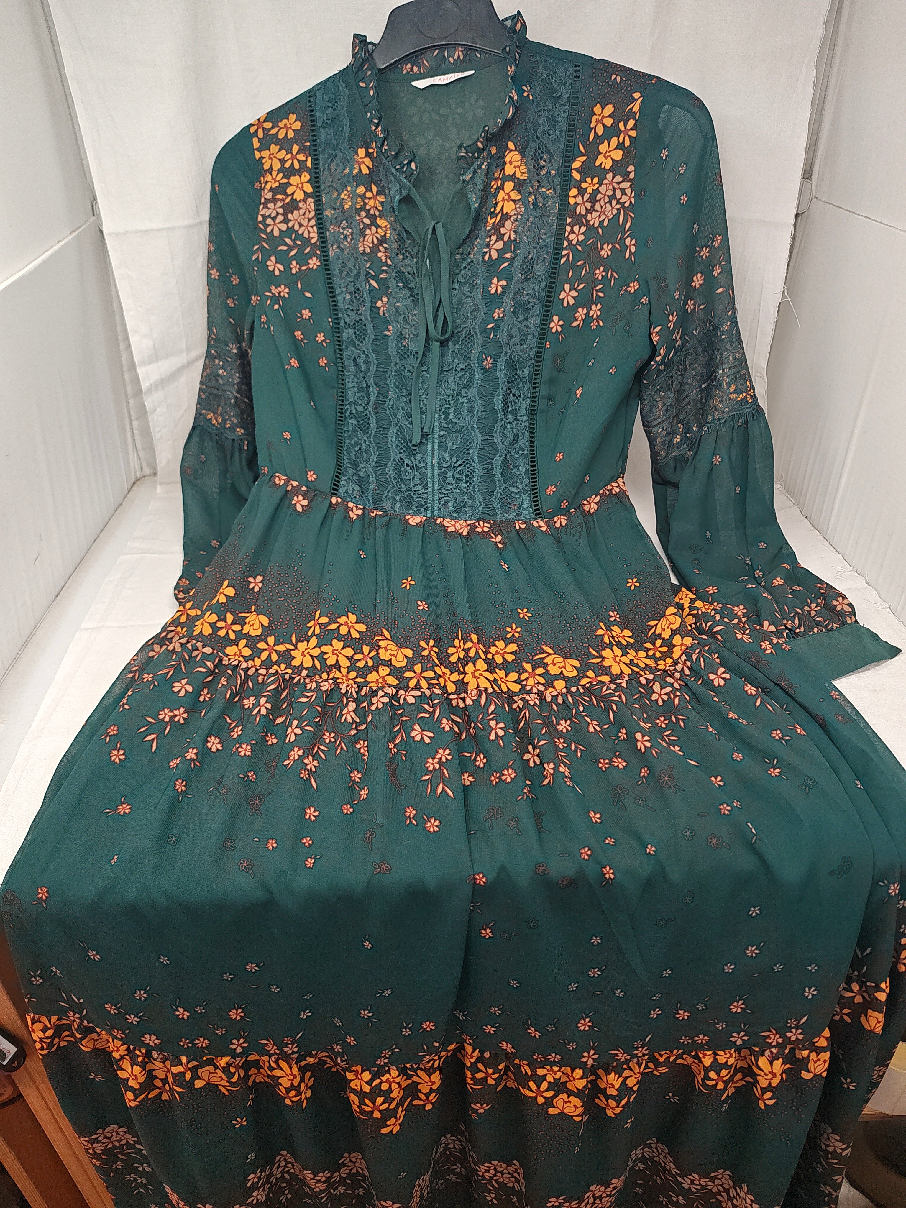 Camaieu Abito Lungo Tulle Verde Fiori Senape L
