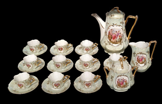 Servizio The Ceramica Manici Dorati 10 Tazzine Con Piattini + Teiera + Zuccheriera + Brocca Latte