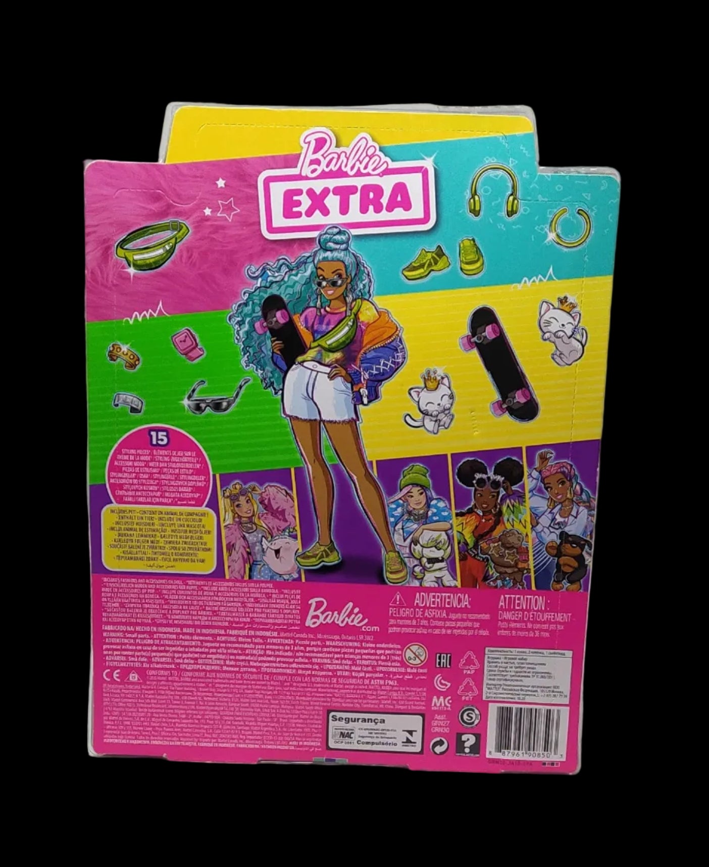Barbie Extra Bambola Curvy Con Capelli Ricci Azzurri, Cucciolo E Accessori Alla Moda, Grn30 Nuova