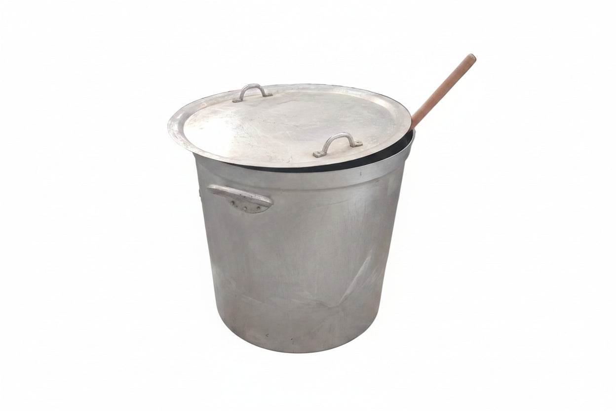 Pentolone Alluminio Con Coperchio E Grande Mestolo Legno Ideale Per Salsa H.50 ø 50
