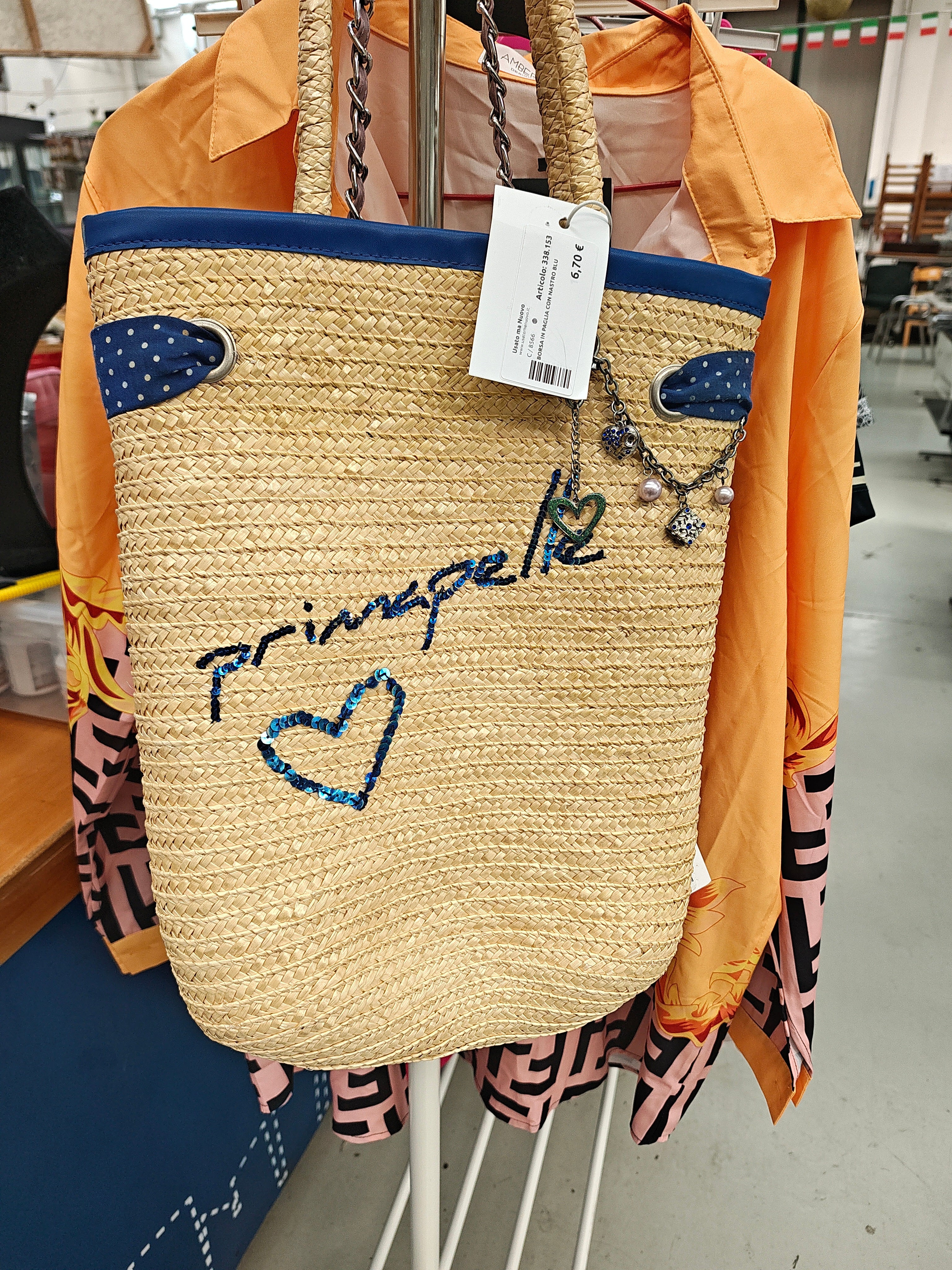 Borsa In Paglia Con Nastro Blu