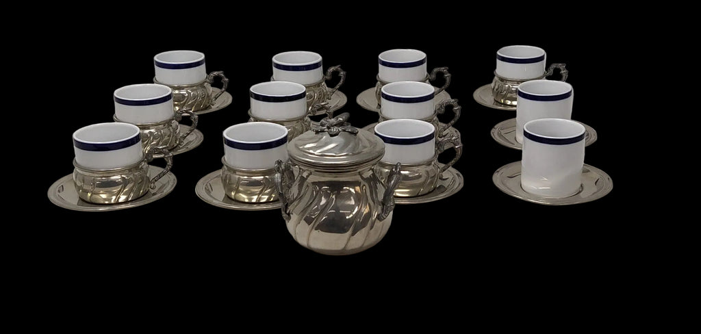 Gdr Servizio Caffè 12 Tazzine Ceramica + 10 Porta Tazzina Peltro + 12 Piattini Peltro + Zuccheriera Peltro
