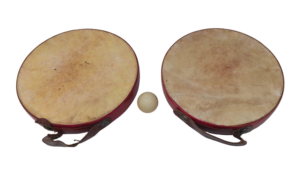 Tamburelli Legno E Pelle Con Pallina - Vintage Anni 60 Uno Con Fascia In Cuoio Da Sostituire
