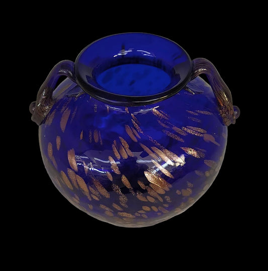 Vaso Vetro Murano Con Manici Blu Macchie Dorate H 12cm