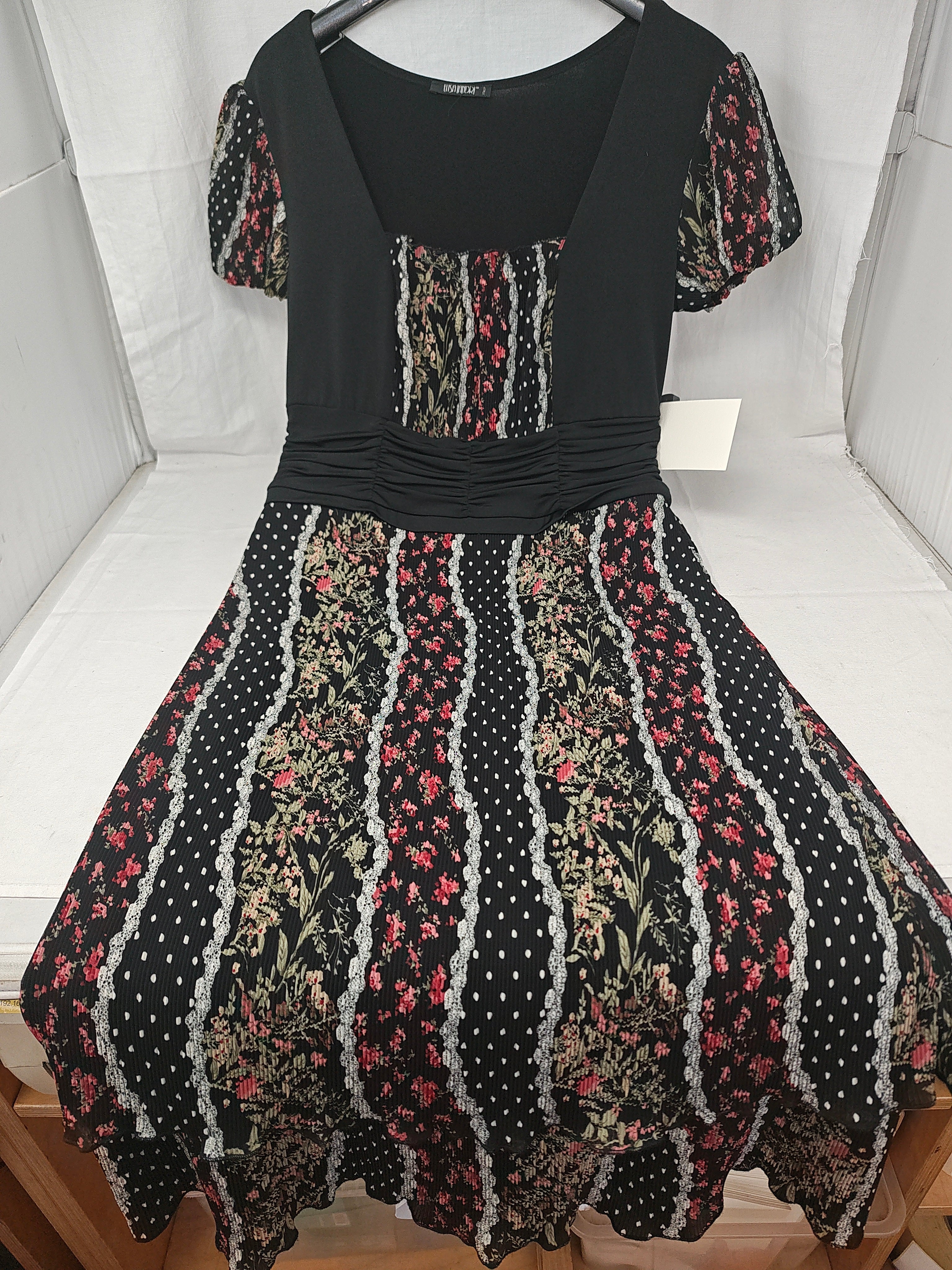 Elisalandri Abito Nero Tulle Plisse Fiorato L