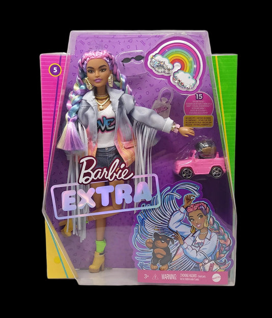 Barbie Extra Bambola Con Giubbotto Di Jeans, Cagnolino, Trecce Arcobaleno E Tanti Accessori, Grn29 Nuova