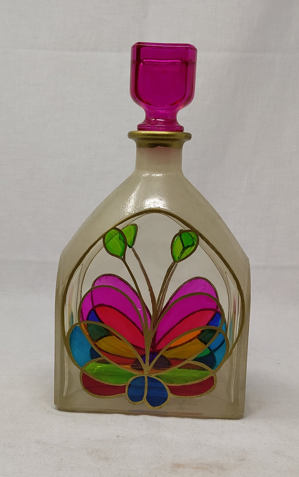 _bottiglia Vetro Dipinta A Mano Con Tappo Effige Fiore Colorato Bordo Oro H 26cm
