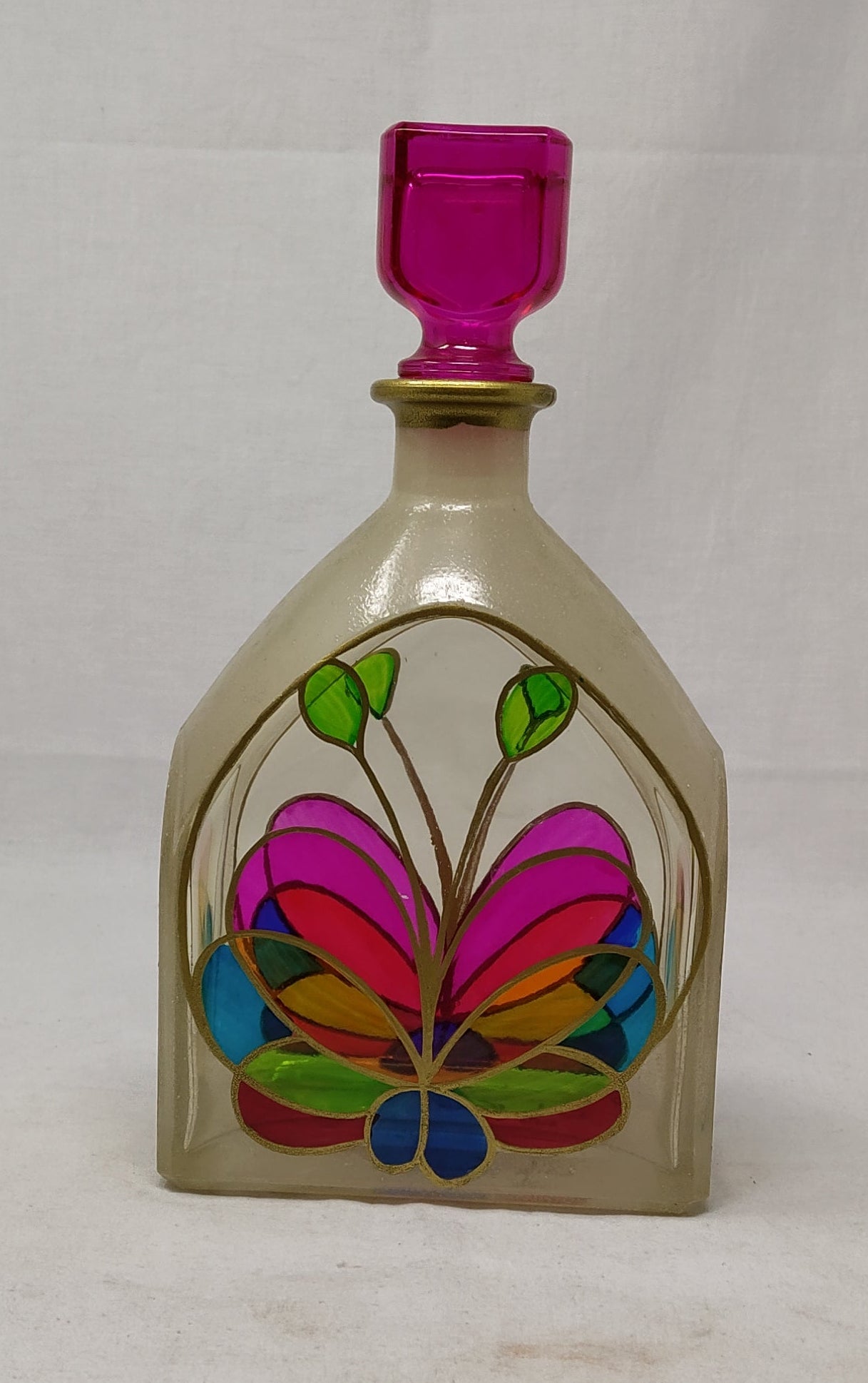 _bottiglia Vetro Dipinta A Mano Con Tappo Effige Fiore Colorato Bordo Oro H 26cm