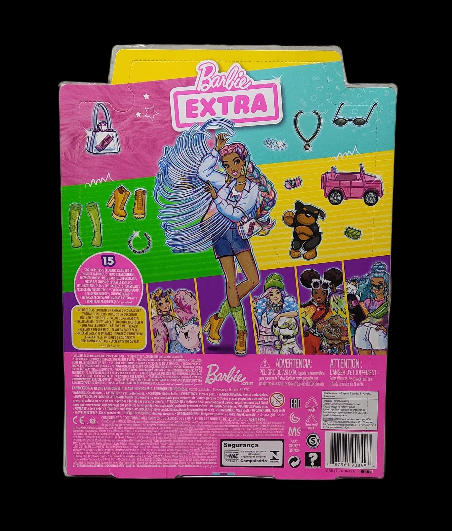 Barbie Extra Bambola Con Giubbotto Di Jeans, Cagnolino, Trecce Arcobaleno E Tanti Accessori, Grn29 Nuova