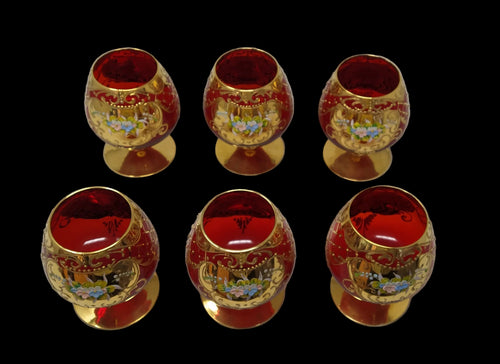 6 Calici Brandy Vetro Murano Rosso Decorazioni Oro E Fiori