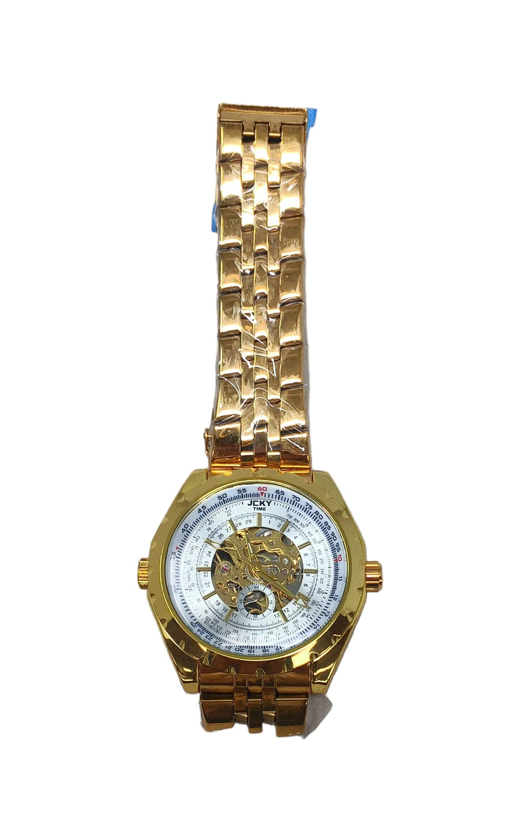 Jcky Time Orologio Automatico Cinturino Acciaio Dorato Ingranaggi Dorati Quadrante Bianco Numerato