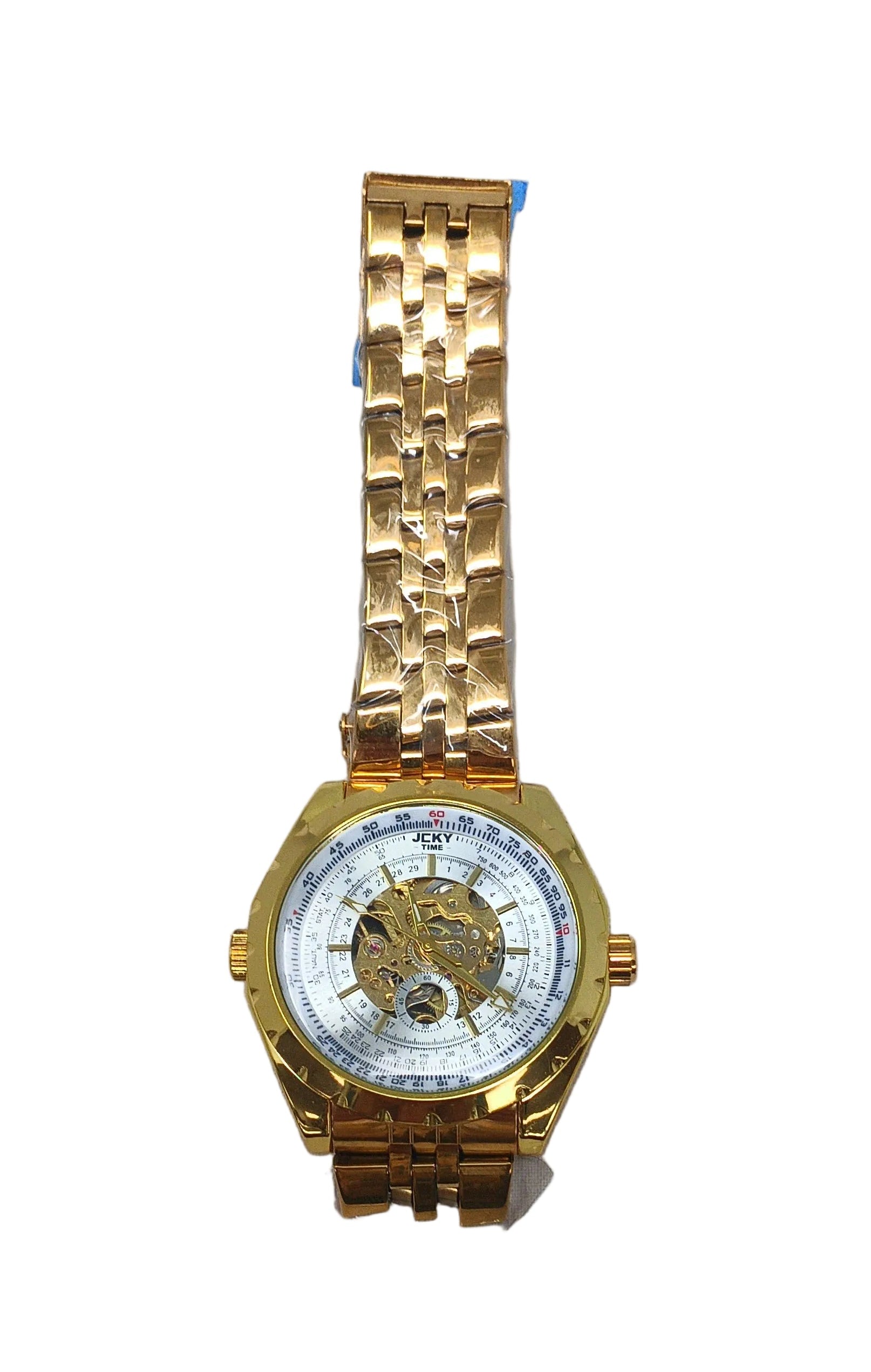 Jcky Time Orologio Automatico Cinturino Acciaio Dorato Ingranaggi Dorati Quadrante Bianco Numerato