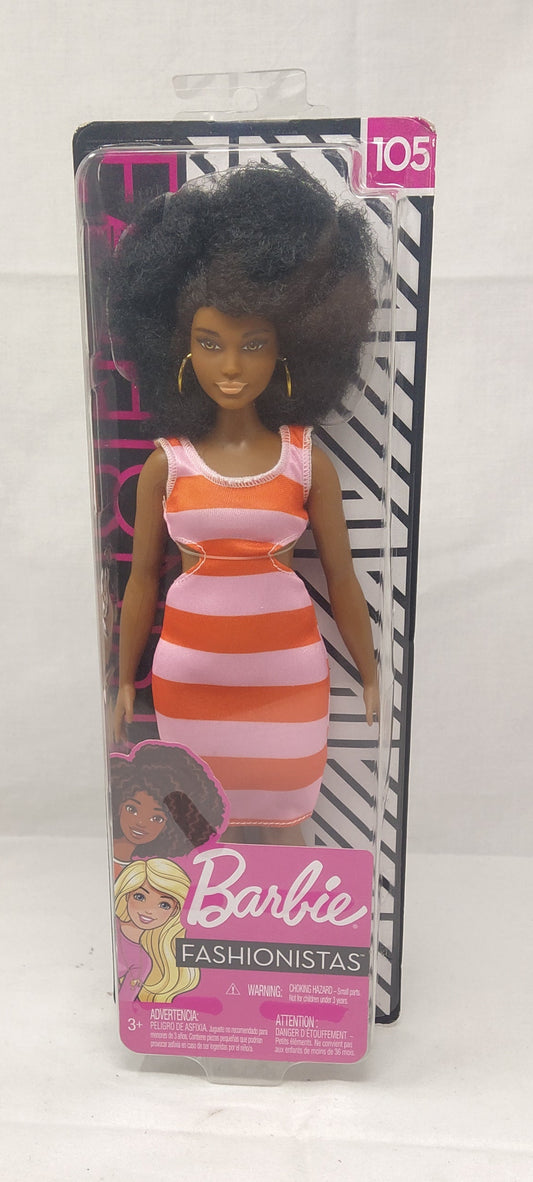 Barbie Fashionistas, Bambola Glamour Con Vestito A Righe Grandi Rosa E Arancio, Fxl45 Nuova