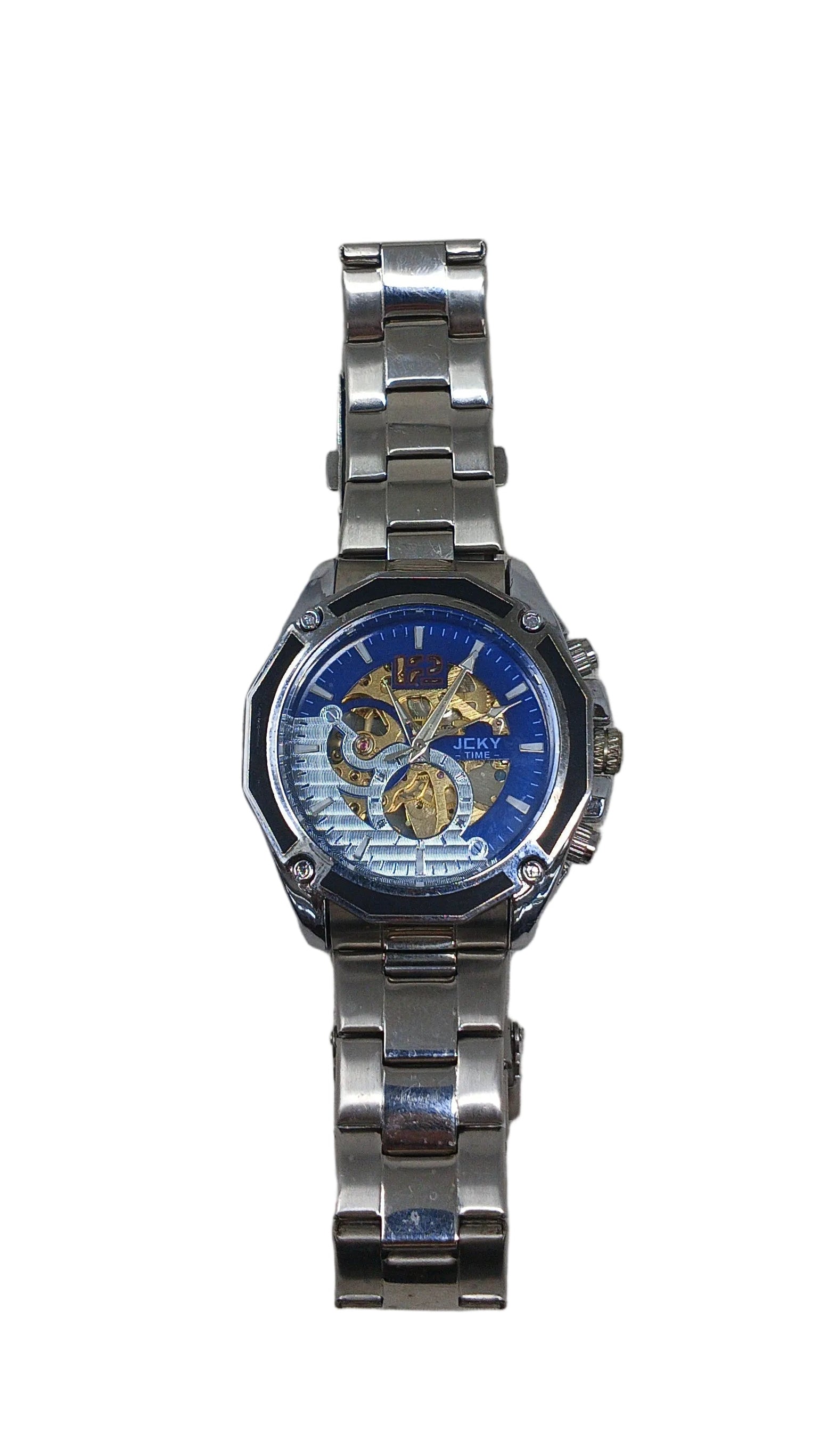 Jcky Time Orologio Automatico Cinturino Acciaio Ingranaggi Dorati Quadrante Blu/grigio