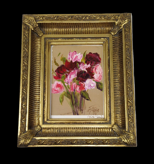 Quadro Cornice Legno Dorata 23,5x28,5 Olio Su Tela Fiori