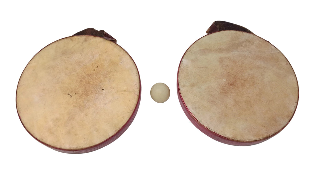 Tamburelli Legno E Pelle Con Pallina - Vintage Anni 60 Uno Con Fascia In Cuoio Da Sostituire